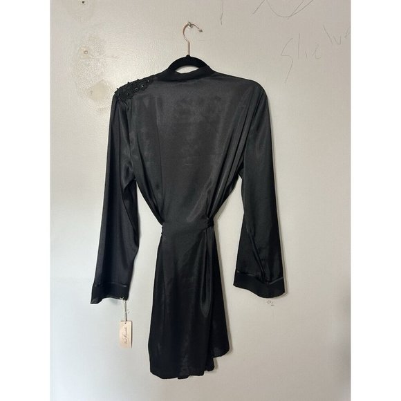 Linea Donatella Short Satin Wrap Robe Black S/M - Picture 4 of 5